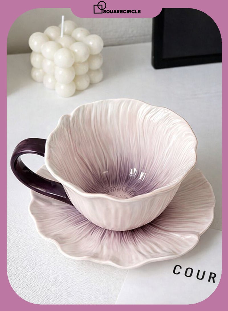 Squarecircle Purple flower shape mugCeramic Coffee Cup and Saucer Set, Purple Hibiscus Flower Design Mug, Elegant Latte & Tea Cup Set - Image 1